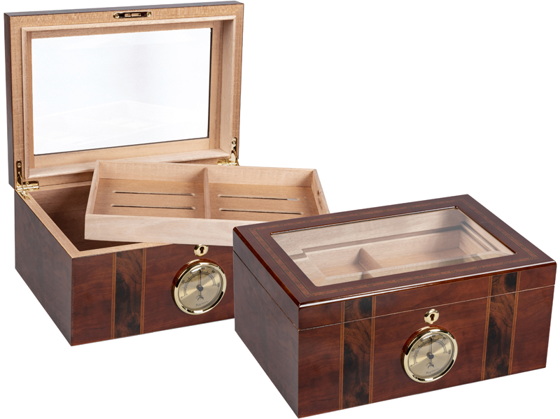 Ambassador - 100 Count Beveled Glass TOP Humidor W/ Bold Inlays & External Hygrometer