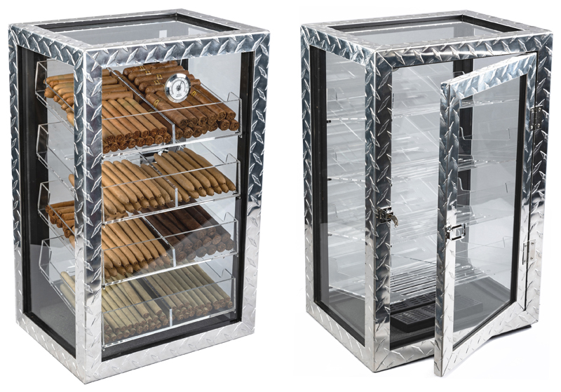 DIAMOND Plate - 250 Ct. Industrial DIAMOND Plate Metal Display Humidor w/ 4 Large Acrylic Trays