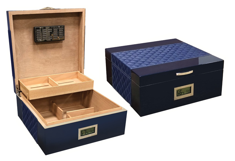 Hampton - 200 Cigar Royal Blue Humidor Featuring Diamond Pattern Bonded LEATHER Top & Sides w/ Silve