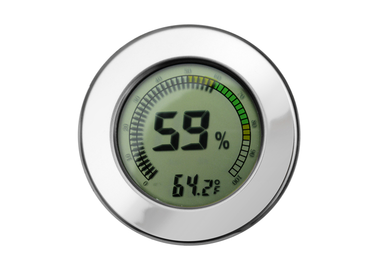 Digital Hygrometer w/ Calibration (Silver) - Round Digital Hygrometer / Multi Color Gauge & Calibrat