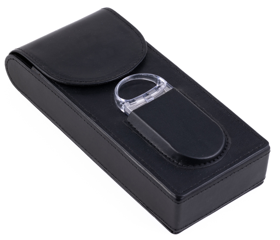 Case w/ Magnetic Closure (Black) - 3 Cigar LEATHER Case w/ Magnetic Closure & Cutter (Black)