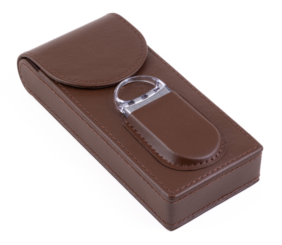 Case w/ Magnetic Closure (Brown) - 3 Cigar LEATHER Case w/ Magnetic Closure & Cutter (Brown)