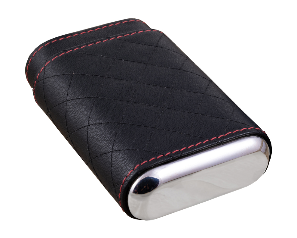 Diamond Stitch Case (Black w/ Red) - 3 Cigar Diamond Stitch LEATHER Case (Black)