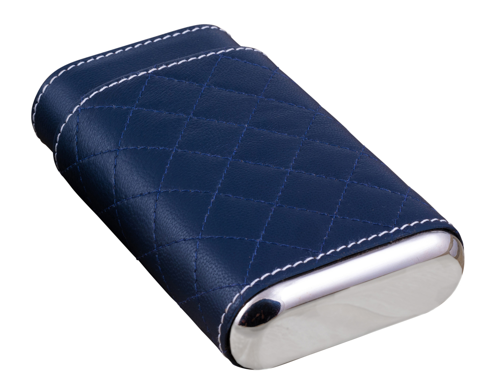 Diamond Stitch Case (Blue w/ Silver) - 3 Cigar Diamond Stitch Leather Case (Blue)