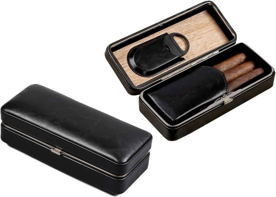 Folding Case w/ Cutter (Black) - 3 Cigar Folding LEATHER Travel Case w/ Cutter (Black)