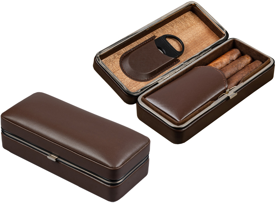 Folding Case w/ Cutter (Brown) - 3 Cigar Folding LEATHER Travel Case w/ Cutter (Brown)