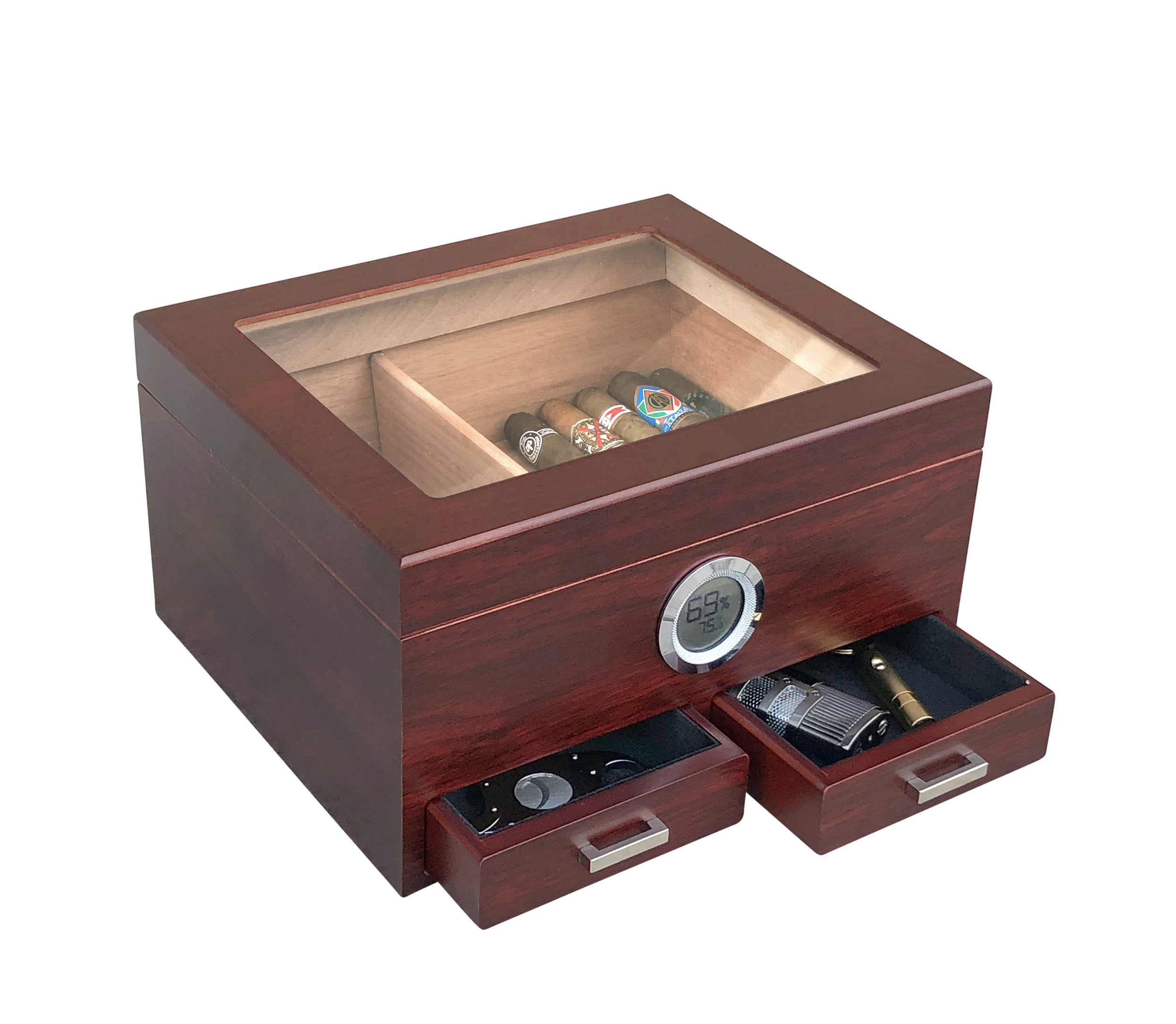 Chalet GlassTOP w/ Storage - 25-50 Ct. Cherry Glass TOP w/ Storage & External Digital Hygrometer