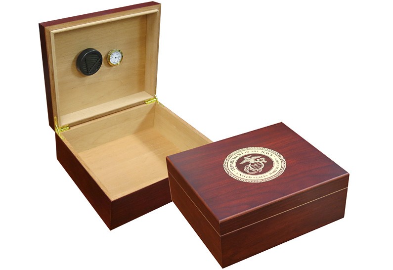 Marines Cigar Humidor (Cherry) - 25-50 Count Cherry Humidor w/ Humidifier & Hygrometer