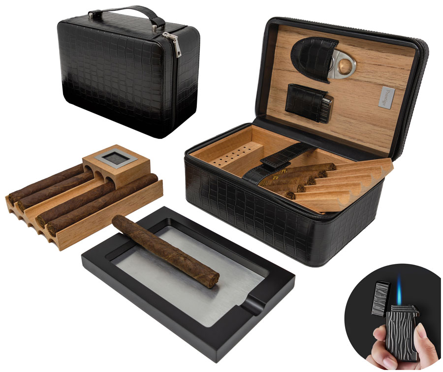 ''Manhattan XL (Black) - 10-20 Ct. Travel Humidor w/ Digital Hygrometer, Ashtray, Cutter, Lighter, Hu