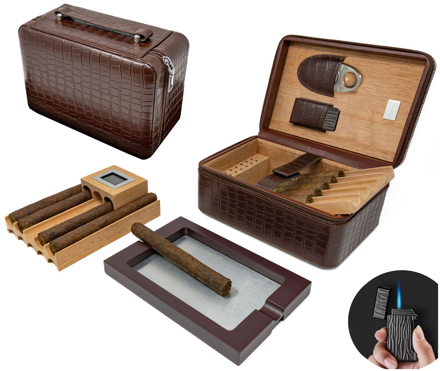 ''Manhattan XL (Brown) - 10-20 Ct. Travel Humidor w/ Digital Hygrometer, Ashtray, Cutter, Lighter, Hu