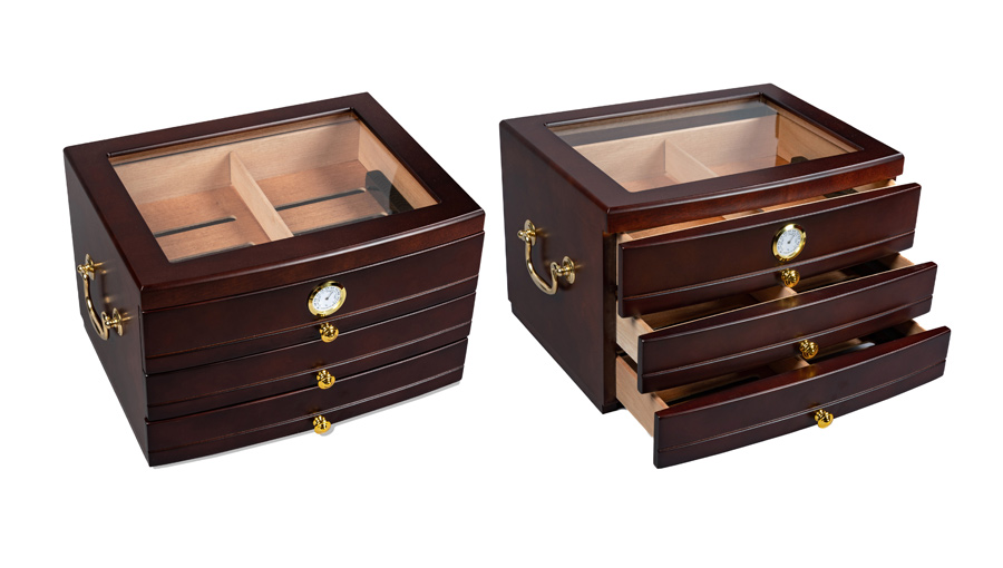 Regent - 75 Ct. Dark Mahogany Glass TOP Humidor w/ 3 Drawers