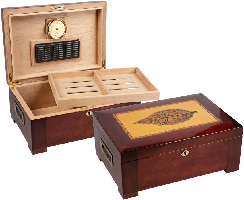 Stetson - 150 Ct. High Gloss Humidor w/ Tray & TOBACCO Leaf Inlay